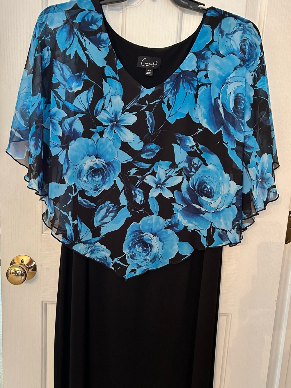 connected apparel Black Dress with Blue Floral Capelet Overlay